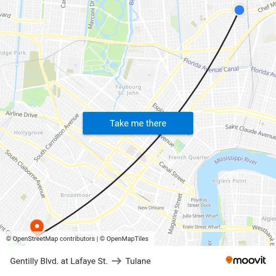 Gentilly Blvd. at Lafaye St. to Tulane map