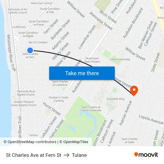 St Charles Ave at Fern St to Tulane map