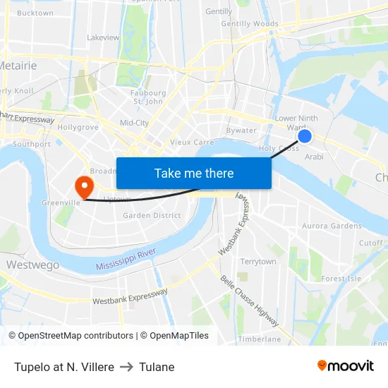 Tupelo at N. Villere to Tulane map