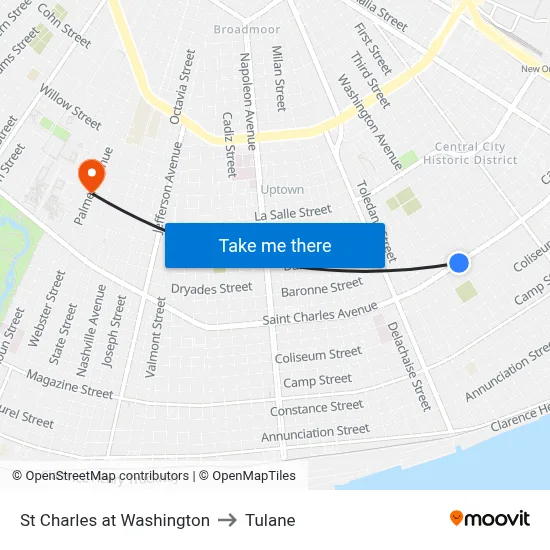 St Charles at Washington to Tulane map