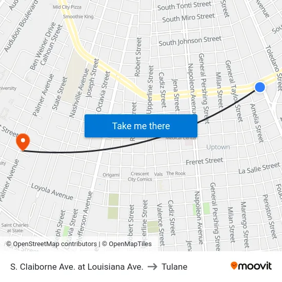 S. Claiborne Ave. at Louisiana Ave. to Tulane map