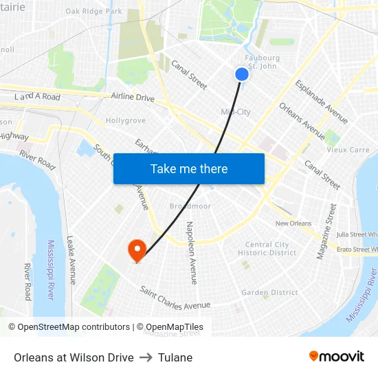Orleans at Wilson Drive to Tulane map