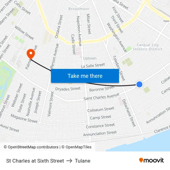 St Charles at Sixth Street to Tulane map