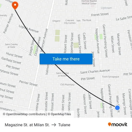 Magazine St. at Milan St. to Tulane map