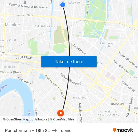 Pontchartrain + 18th St. to Tulane map