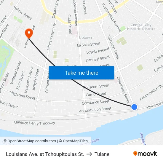 Louisiana Ave. at Tchoupitoulas St. to Tulane map