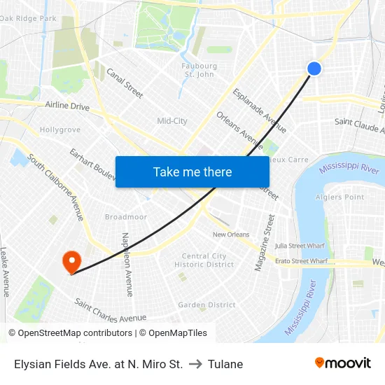 Elysian Fields Ave. at N. Miro St. to Tulane map