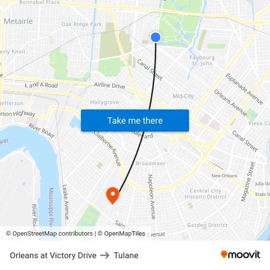 Orleans at Victory Drive to Tulane map
