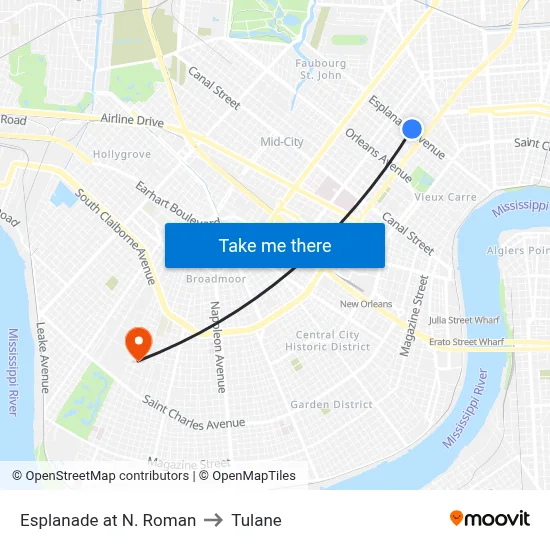 Esplanade at N. Roman to Tulane map