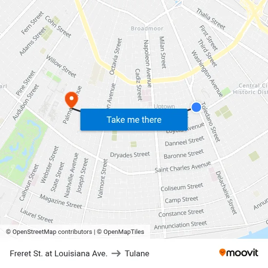 Freret St. at Louisiana Ave. to Tulane map