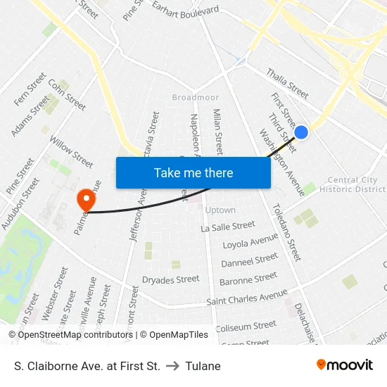S. Claiborne Ave. at First St. to Tulane map