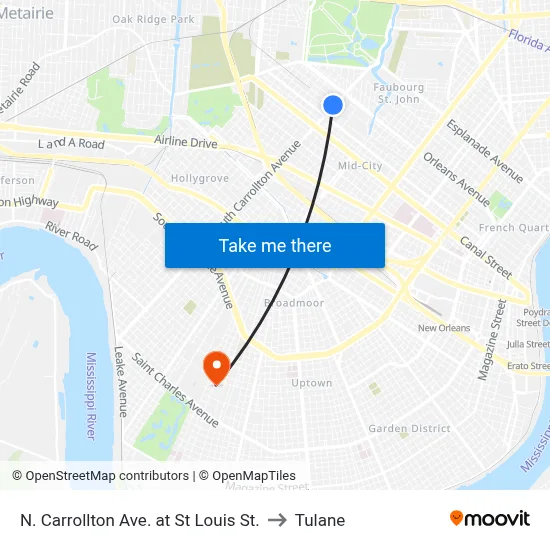 N. Carrollton Ave. at St Louis St. to Tulane map