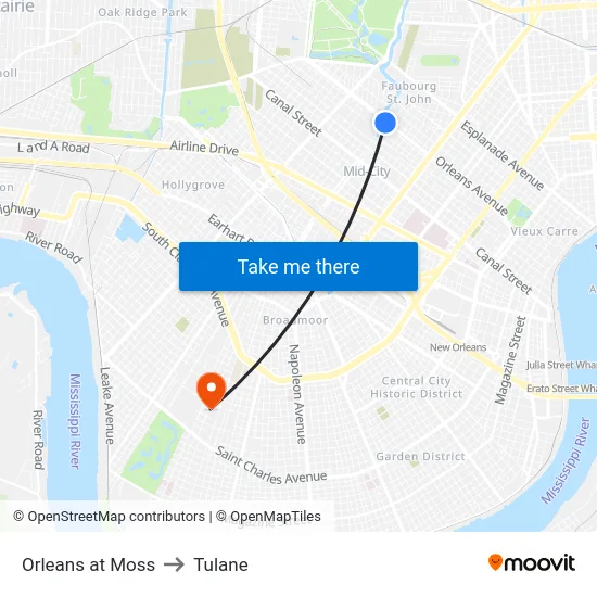 Orleans at Moss to Tulane map