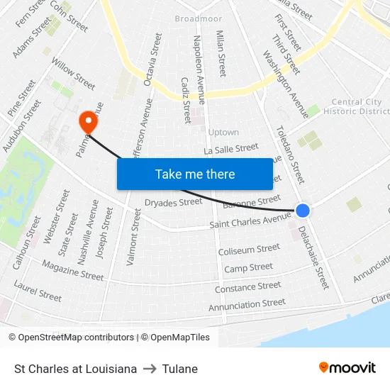 St Charles at Louisiana to Tulane map