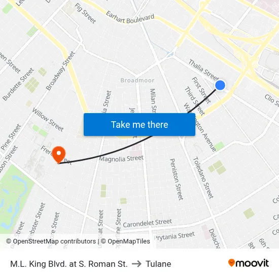 M.L. King Blvd. at S. Roman St. to Tulane map