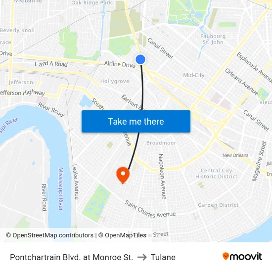 Pontchartrain Blvd. at Monroe St. to Tulane map