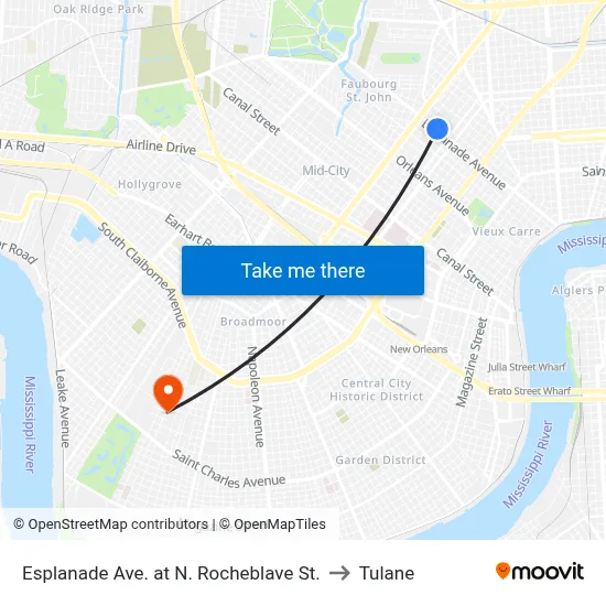 Esplanade Ave. at N. Rocheblave St. to Tulane map