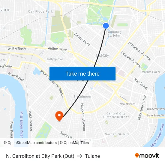N. Carrollton at City Park (Out) to Tulane map