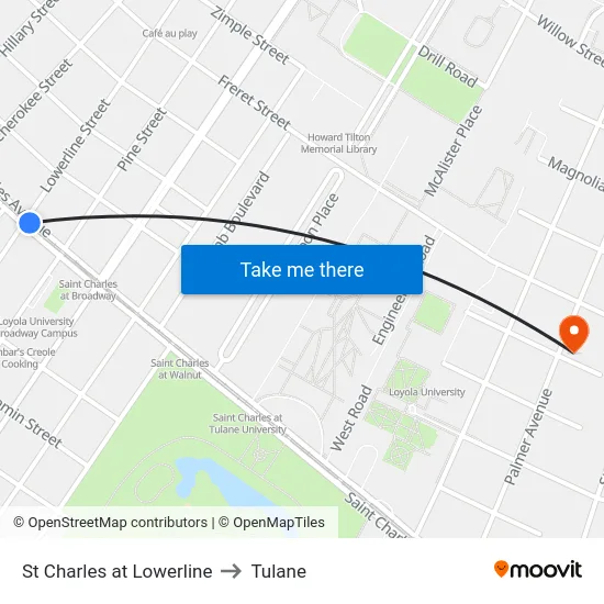 St Charles at Lowerline to Tulane map