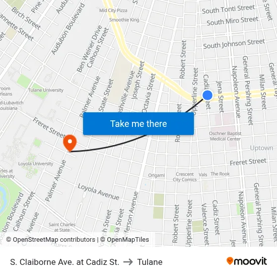 S. Claiborne Ave. at Cadiz St. to Tulane map
