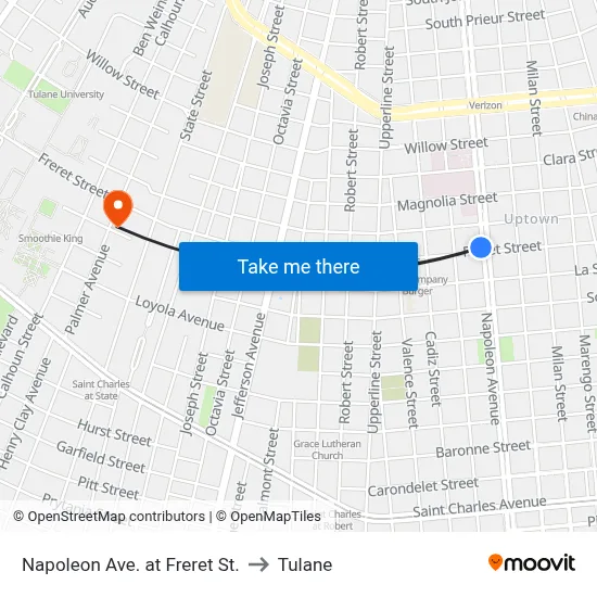 Napoleon Ave. at Freret St. to Tulane map