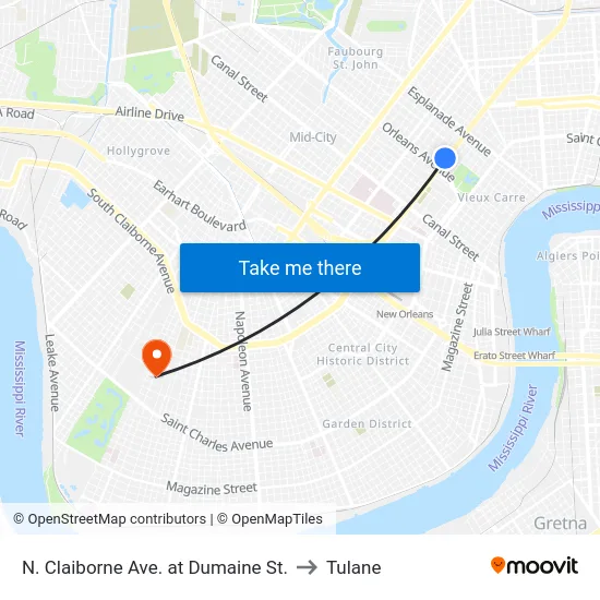 N. Claiborne Ave. at Dumaine St. to Tulane map