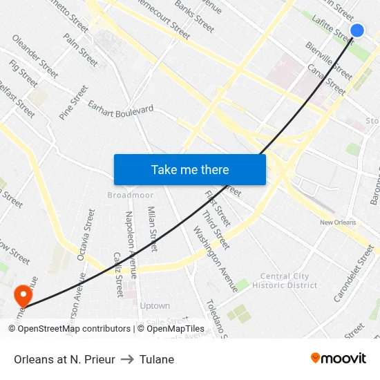 Orleans at N. Prieur to Tulane map