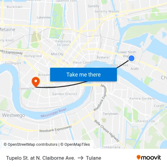 Tupelo St. at N. Claiborne Ave. to Tulane map