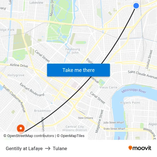 Gentilly at Lafaye to Tulane map