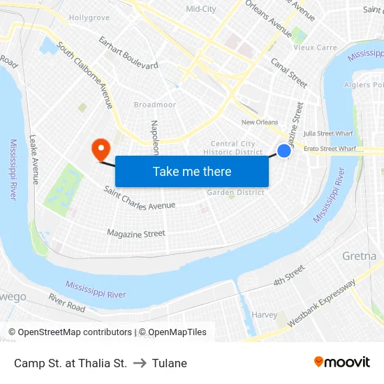 Camp St. at Thalia St. to Tulane map