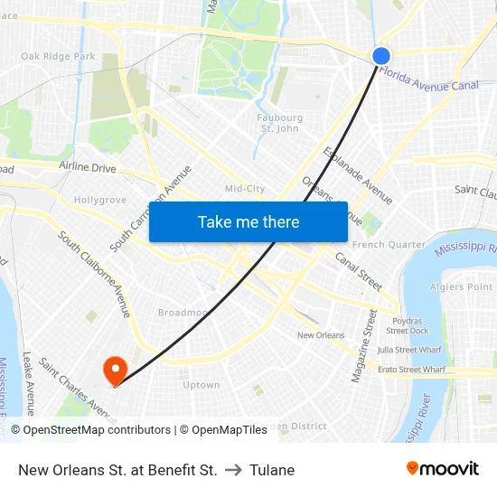 New Orleans St. at Benefit St. to Tulane map
