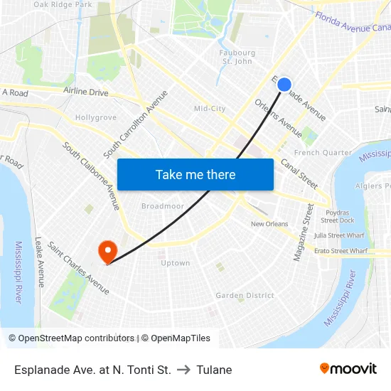 Esplanade Ave. at N. Tonti St. to Tulane map