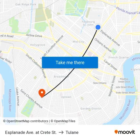 Esplanade Ave. at Crete St. to Tulane map