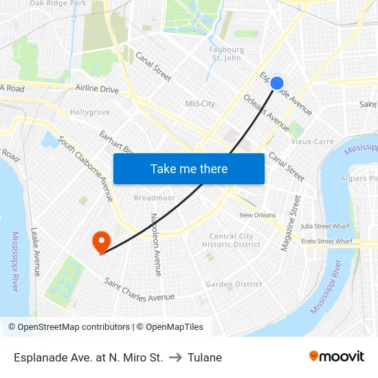 Esplanade Ave. at N. Miro St. to Tulane map