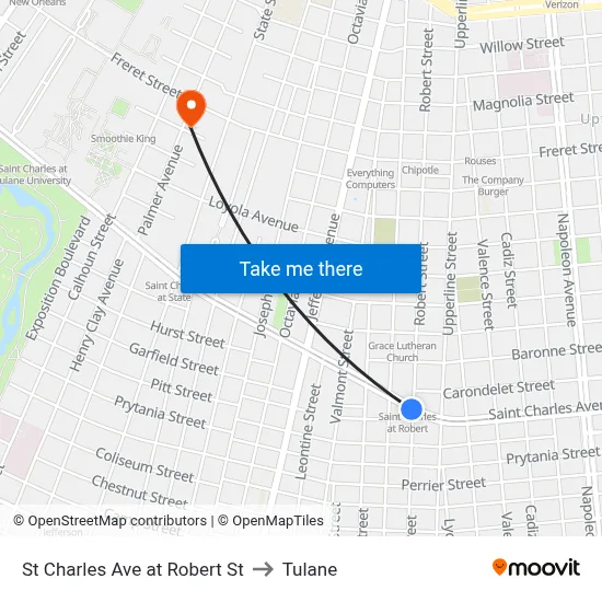 St Charles Ave at Robert St to Tulane map