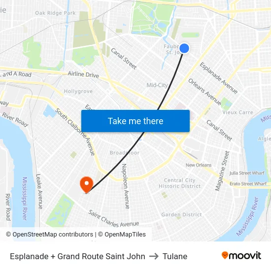 Esplanade + Grand Route Saint John to Tulane map