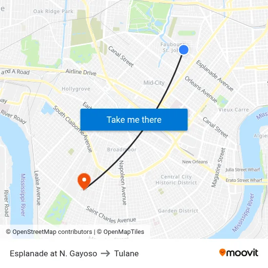 Esplanade at N. Gayoso to Tulane map
