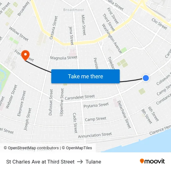 St Charles Ave at Third Street to Tulane map