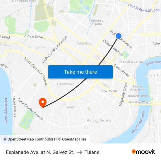 Esplanade Ave. at N. Galvez St. to Tulane map