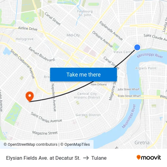 Elysian Fields Ave. at Decatur St. to Tulane map