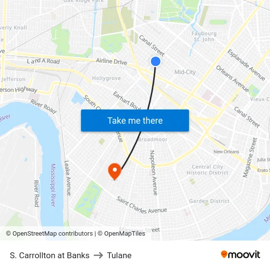 S. Carrollton at Banks to Tulane map