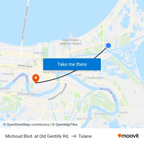 Michoud Blvd. at Old Gentilly Rd. to Tulane map