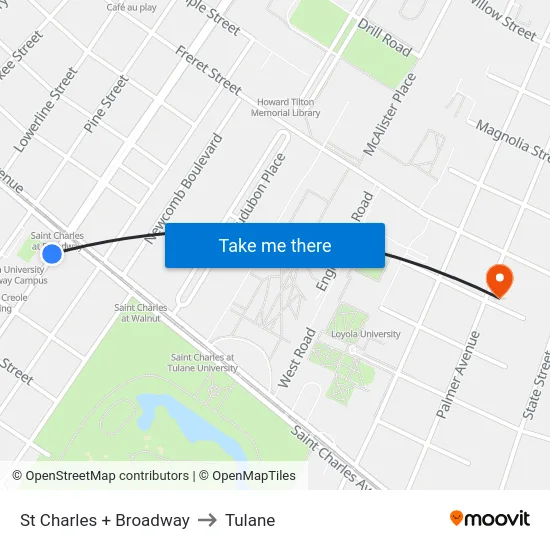 St Charles + Broadway to Tulane map