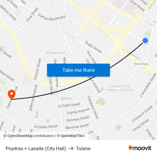 Poydras + Lasalle (City Hall) to Tulane map