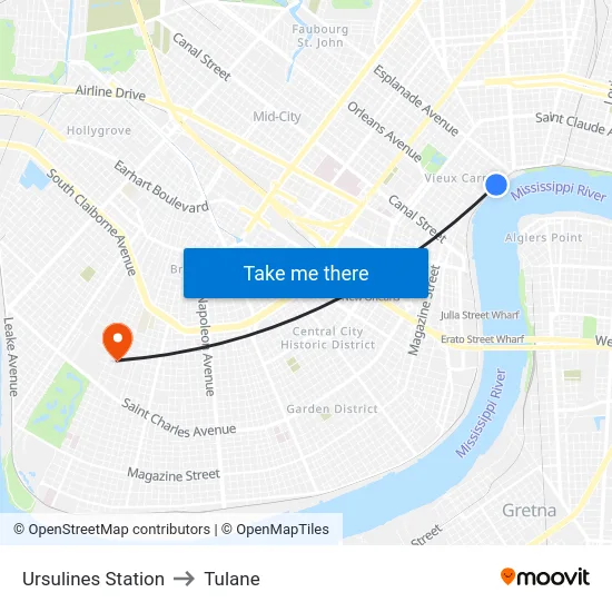 Ursulines Station to Tulane map