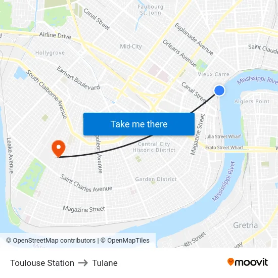 Toulouse Station to Tulane map