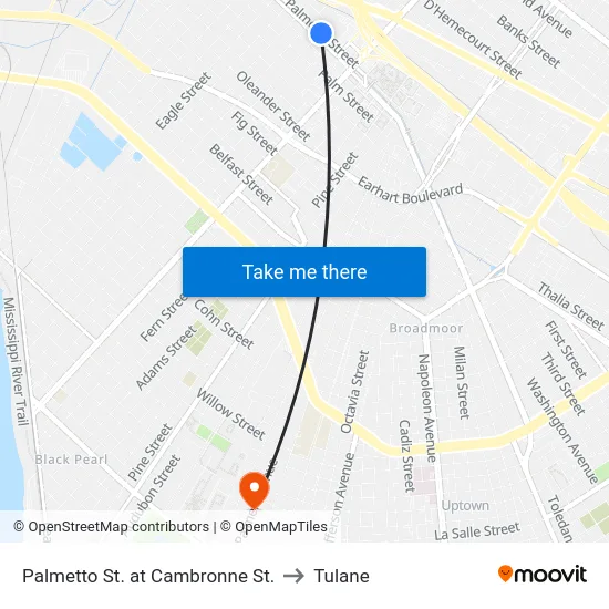 Palmetto St. at Cambronne St. to Tulane map