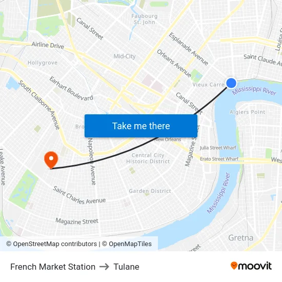 French Market Station to Tulane map