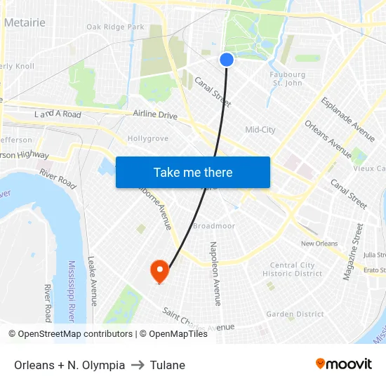Orleans + N. Olympia to Tulane map