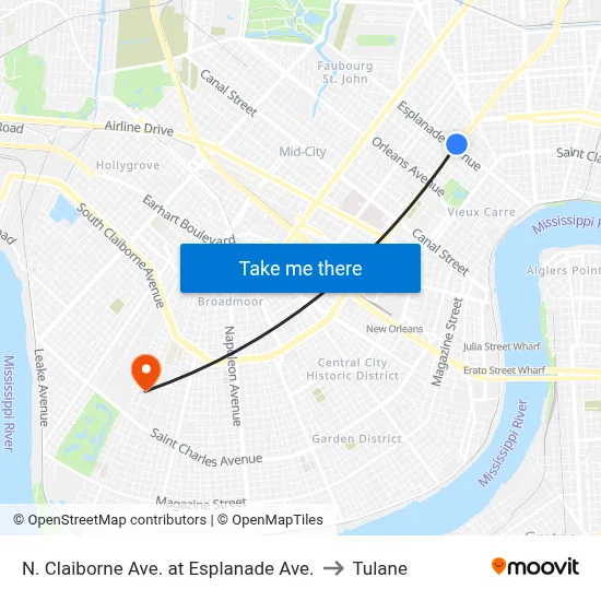 N. Claiborne Ave. at Esplanade Ave. to Tulane map
